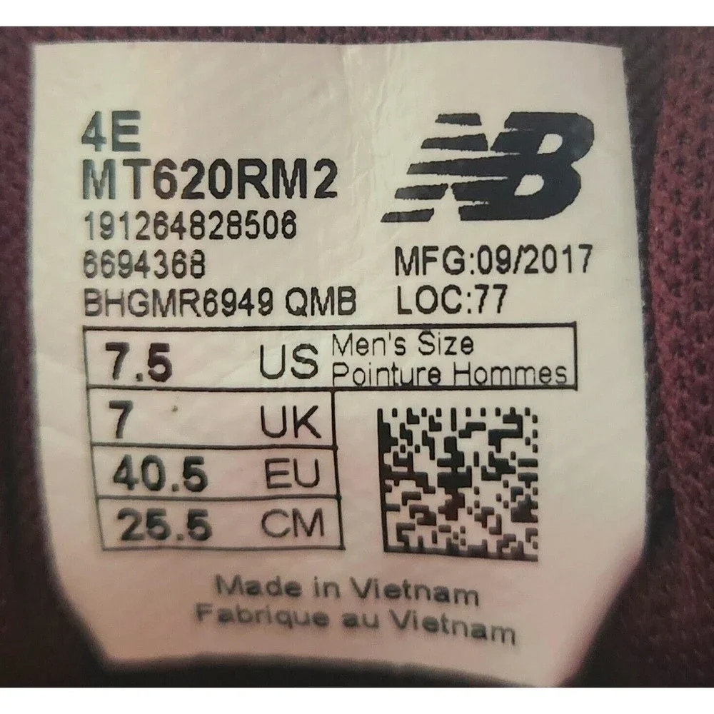 New Balance Men's 620 V2 Trail GUM Soles Running Shoe in 7.5 Maroon MT620RM2 New - Picture 10 of 10